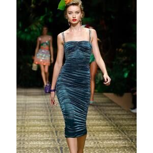 NWT Dolce & Gabbana Green Longuette Lame Satin Ruched Bodycon Midi Dress 46 XL